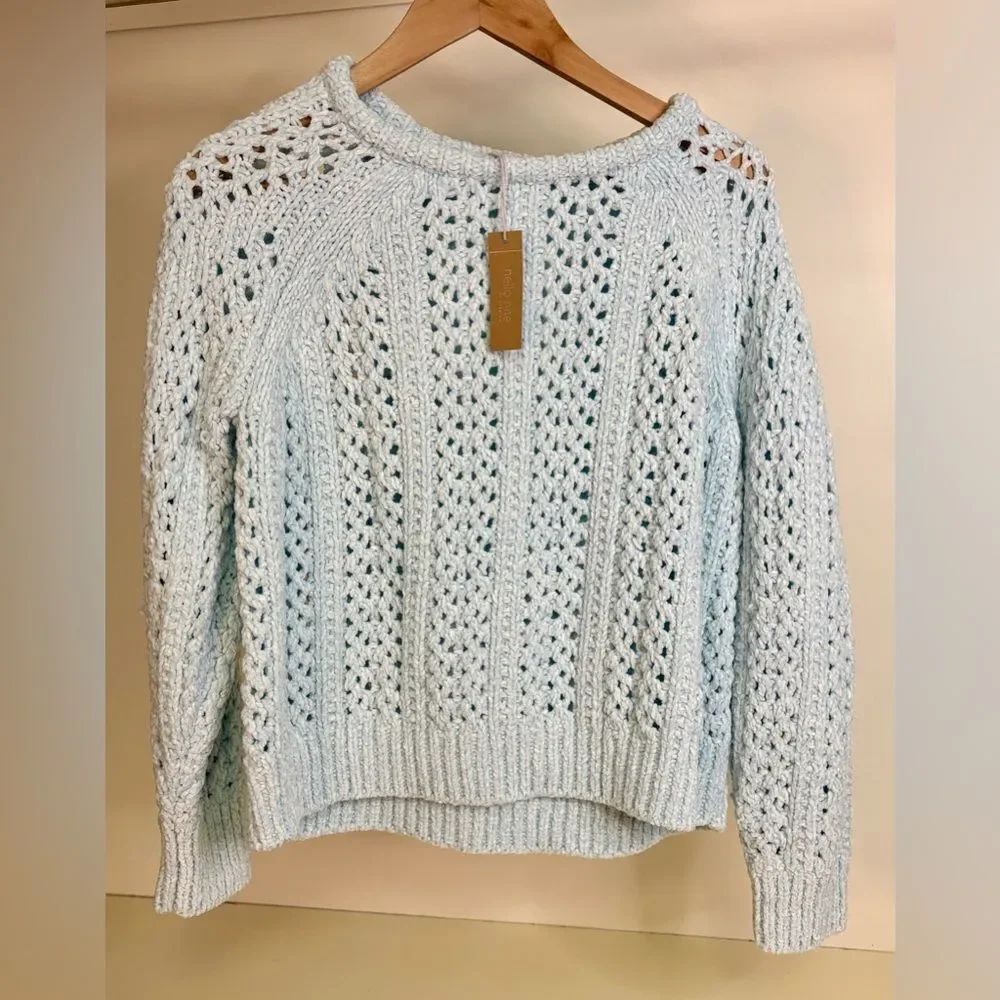 NWT Hello Nite Chenille sweater Size L Open Knit Whisper Blue